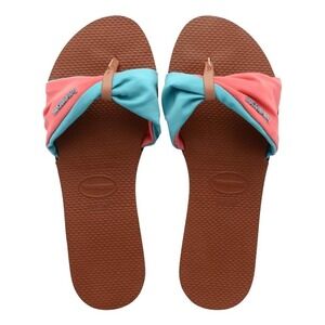 Havaianas You St. Tropez Shine Sandals Rust Pink Blue Bow Women's Size‎ 11/12W